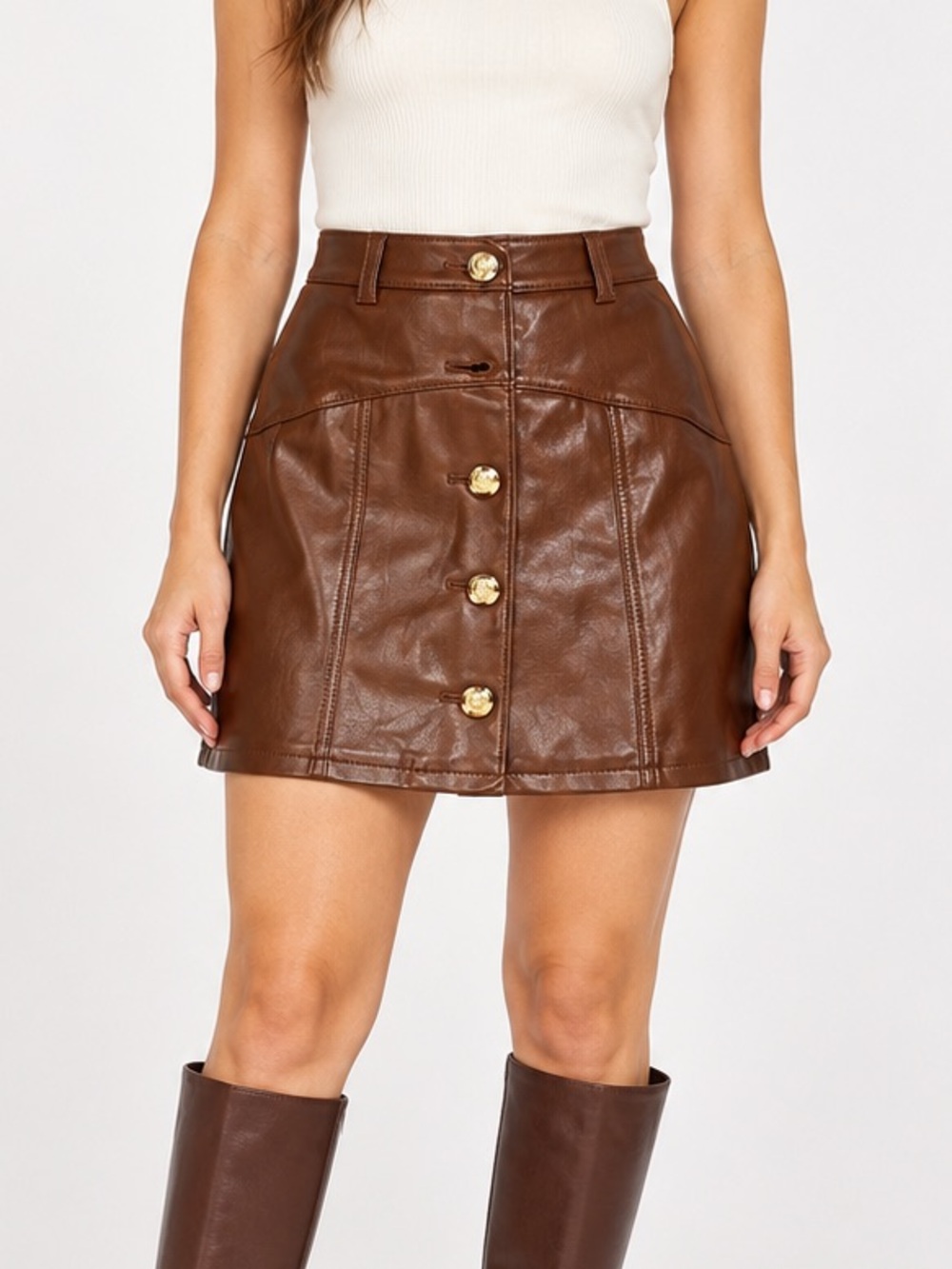 Cinq a Sept Claudia Vegan Leather Mini Skirt Dark Sepia Brown Size 6 Gold Button